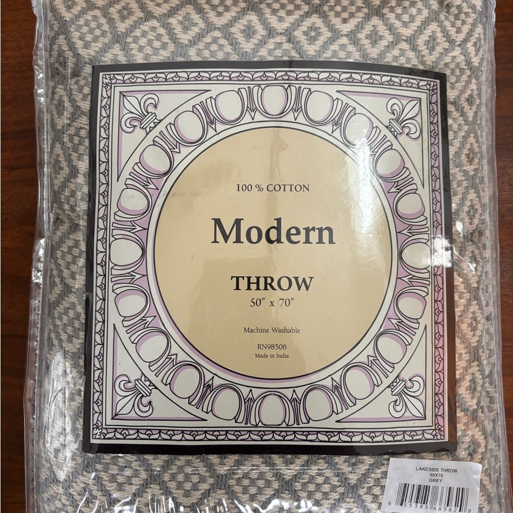 NWT Throw/Blanket, Indian print, 50”x70” Gray, 100% Cotton